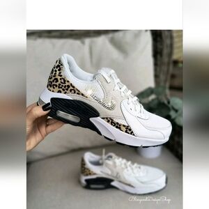 Bling Nike Air Max Excee Womens White Sneakers Shoes Leopard Print Customized
